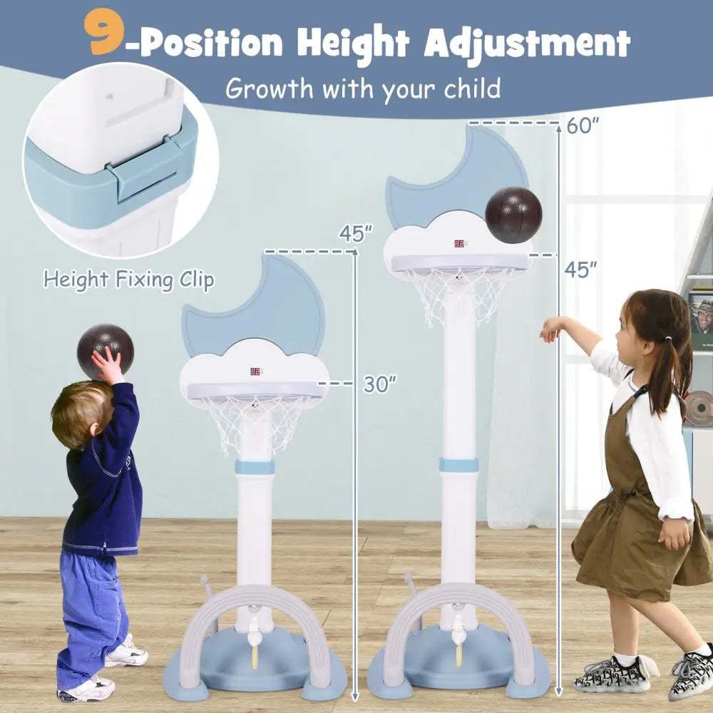 4-In-1 Kids Basketball Hoop with Moon-shaped Electronic Scoreboard and Play Set-Blue - Blue - Toy Sports