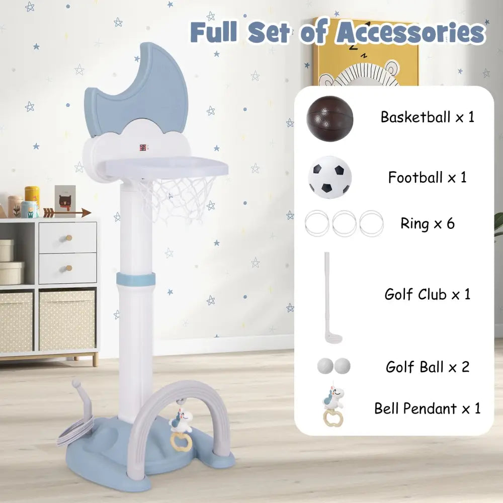 4-In-1 Kids Basketball Hoop with Moon-shaped Electronic Scoreboard and Play Set-Blue - Blue - Toy Sports