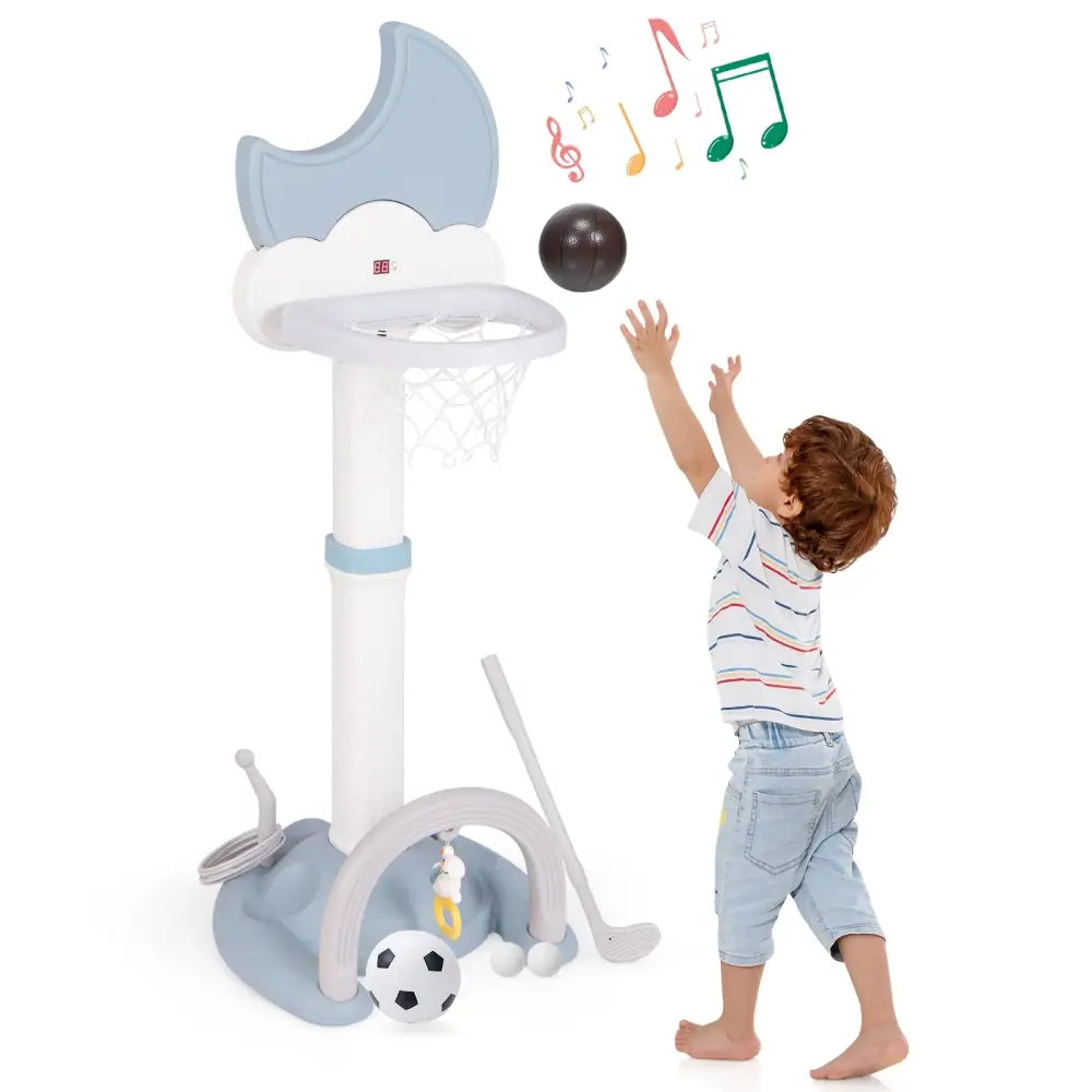 4-In-1 Kids Basketball Hoop with Moon-shaped Electronic Scoreboard and Play Set-Blue - Blue - Toy Sports