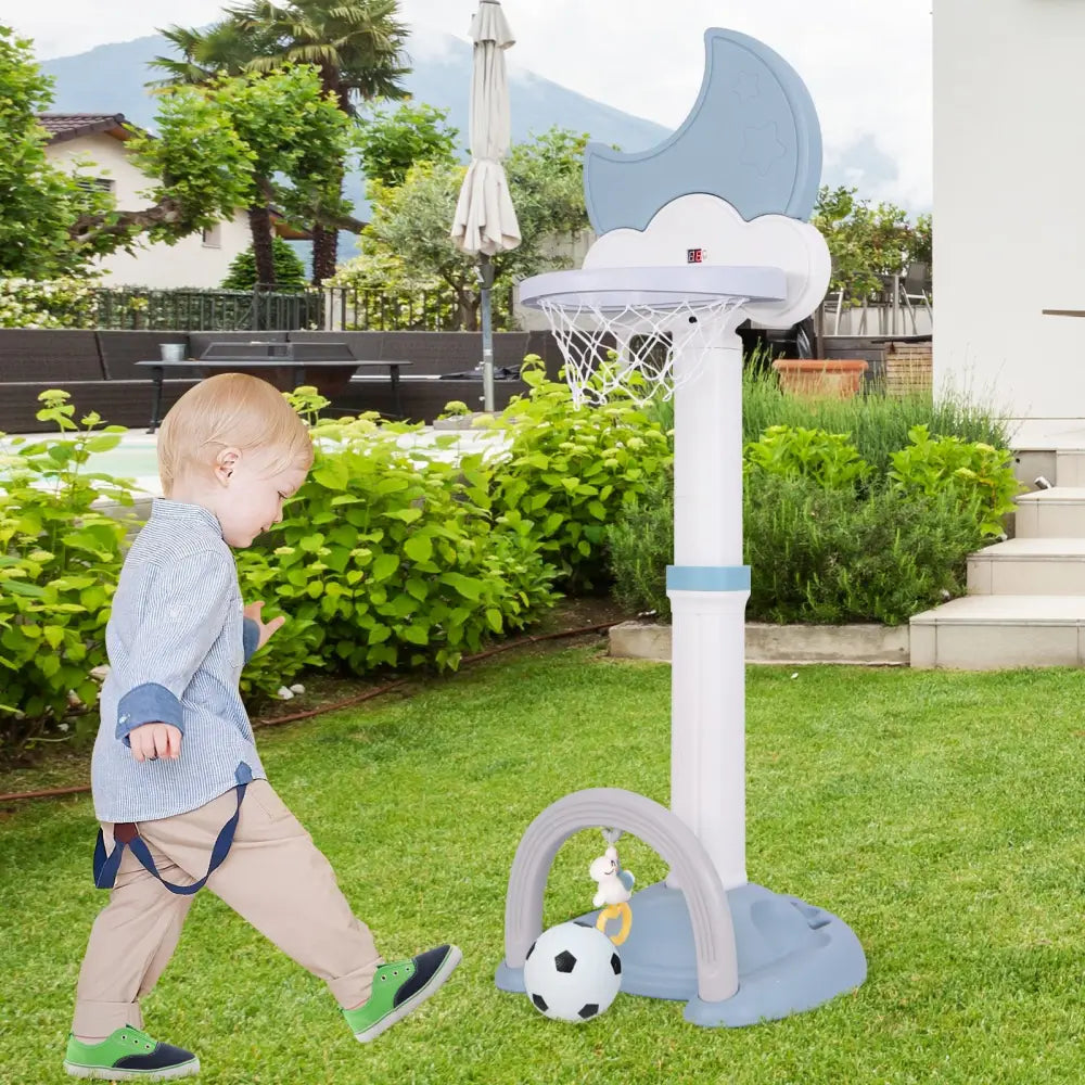 4-In-1 Kids Basketball Hoop with Moon-shaped Electronic Scoreboard and Play Set-Blue - Blue - Toy Sports