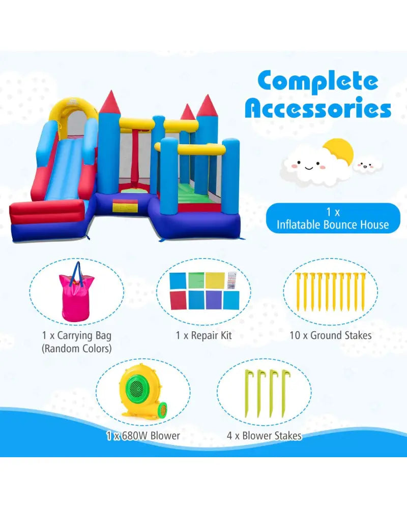 4-in-1 Kids Bouncer with Long Slide and Jumping Area for Yard and Lawn with 680W Blower - Multicolor - Bounce House