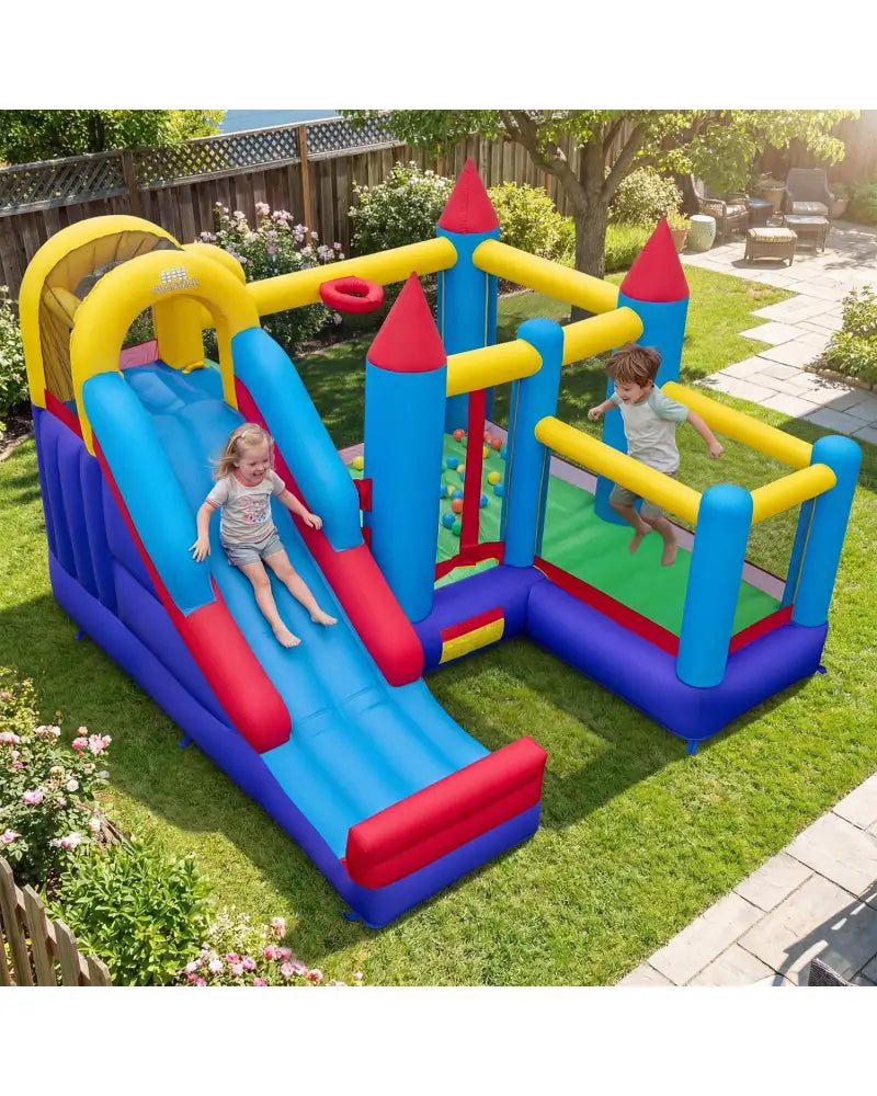 4-in-1 Kids Bouncer with Long Slide and Jumping Area for Yard and Lawn with 680W Blower - Multicolor - Bounce House