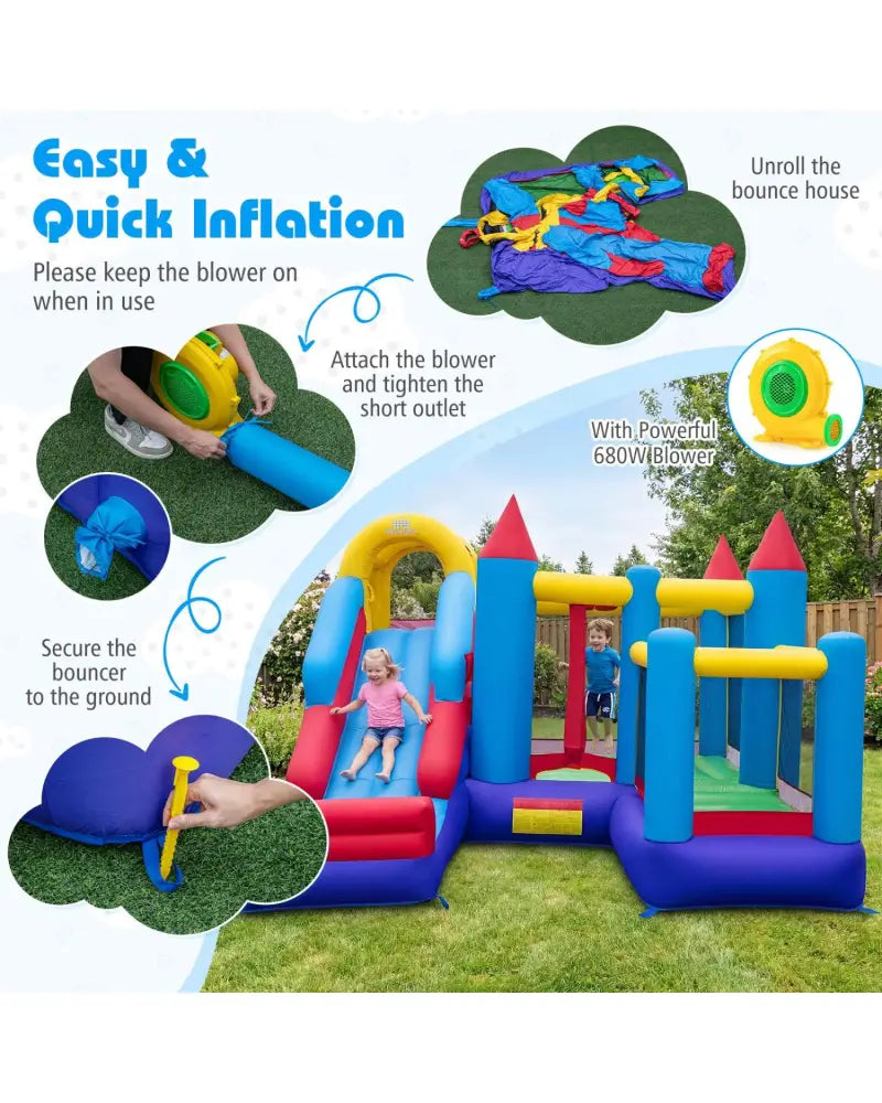 4-in-1 Kids Bouncer with Long Slide and Jumping Area for Yard and Lawn with 680W Blower - Multicolor - Bounce House