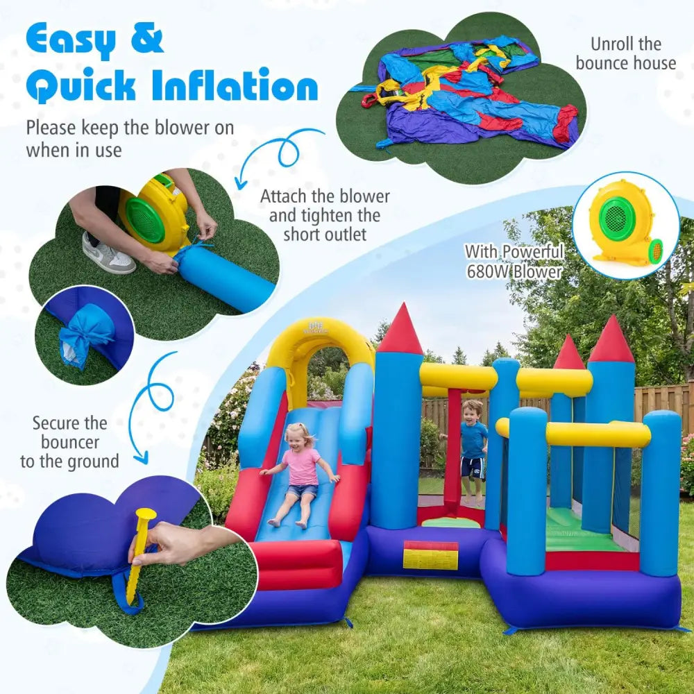 4-in-1 Kids Bouncer with Long Slide and Jumping Area for Yard and Lawn with 680W Blower - Multicolor - Bounce House