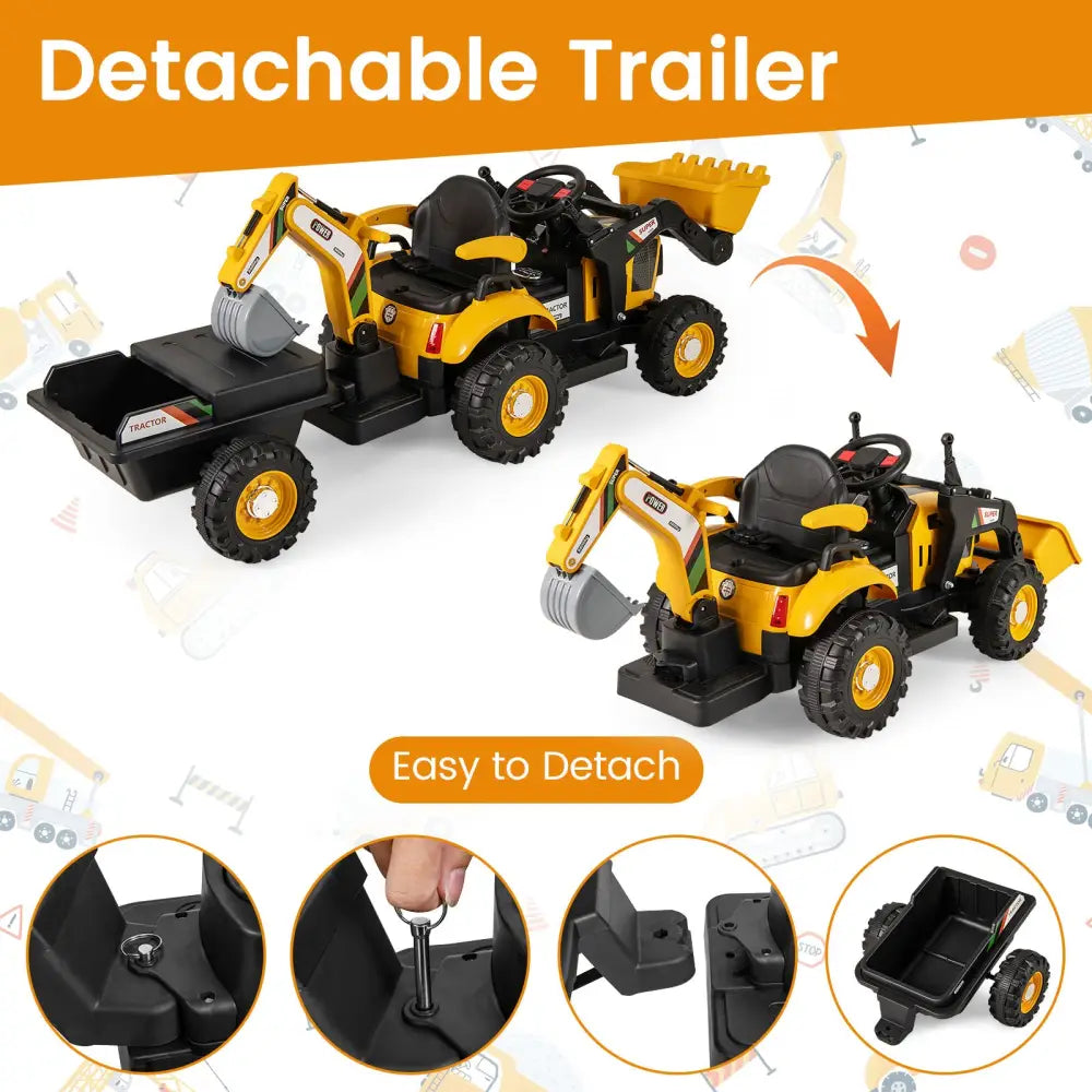 4-in-1 Kids Ride on Tractor 12V Excavator Bulldozer with Remote Control-Yellow - Yellow - Powered Ride On Toys