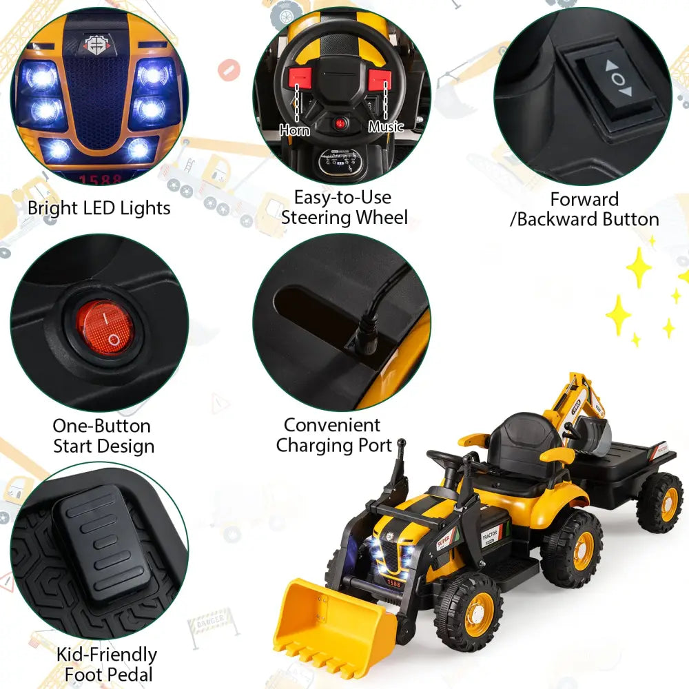 4-in-1 Kids Ride on Tractor 12V Excavator Bulldozer with Remote Control-Yellow - Yellow - Powered Ride On Toys