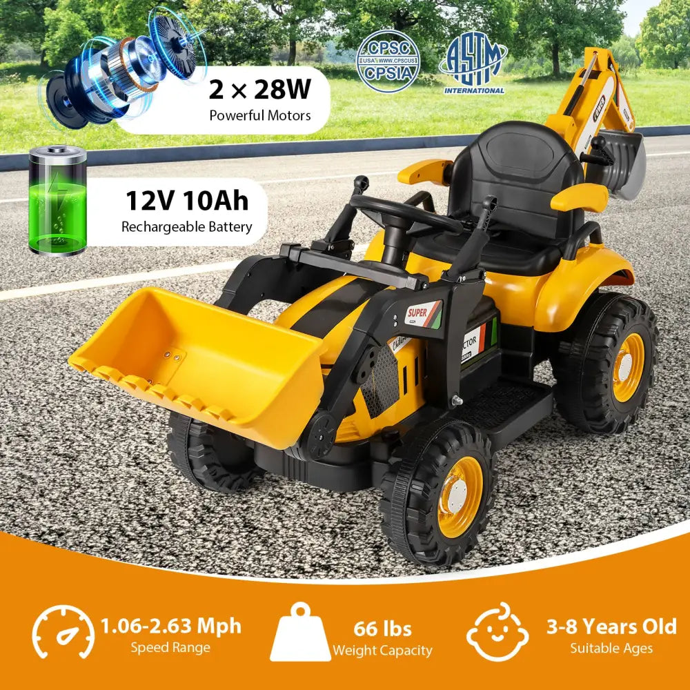 4-in-1 Kids Ride on Tractor 12V Excavator Bulldozer with Remote Control-Yellow - Yellow - Powered Ride On Toys