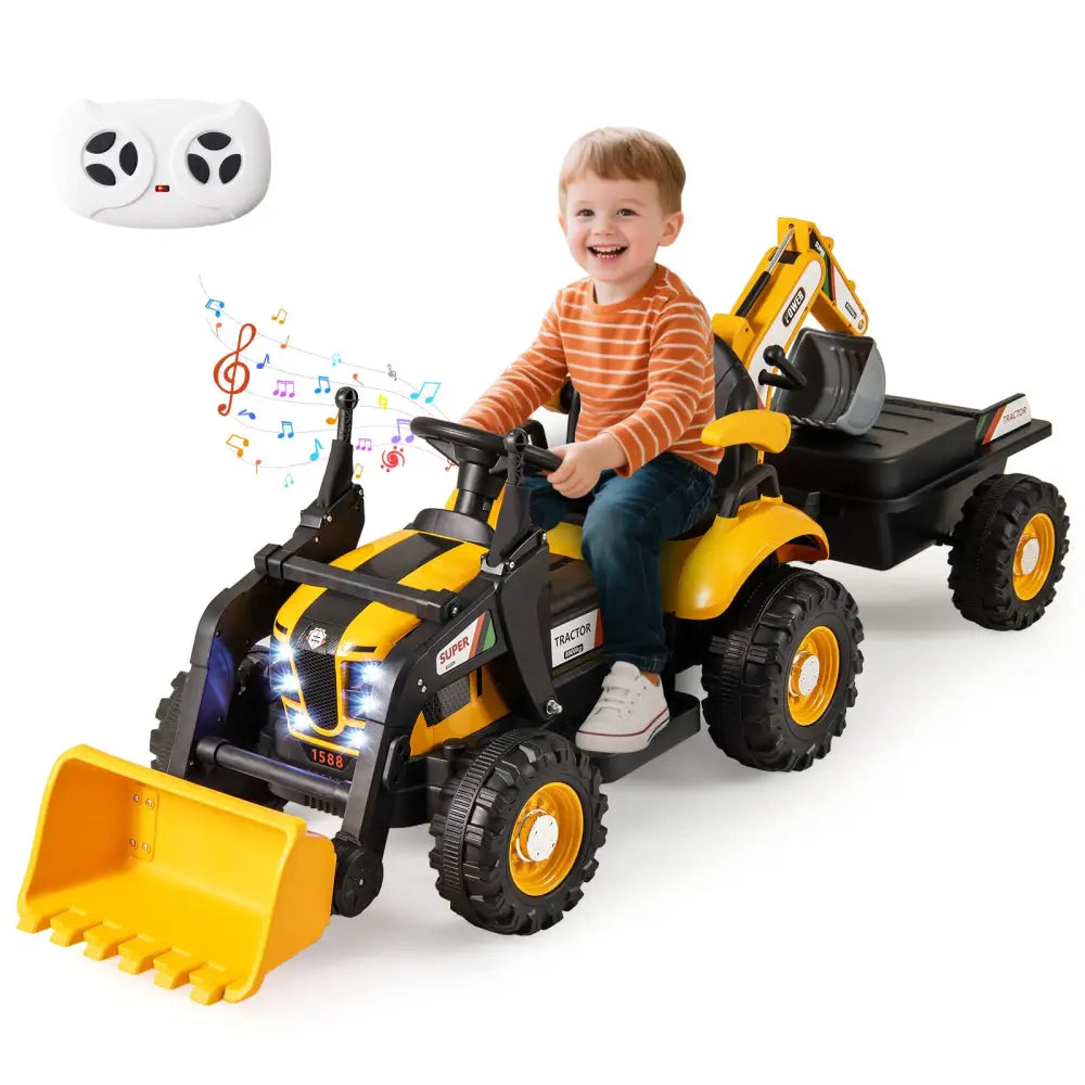 4-in-1 Kids Ride on Tractor 12V Excavator Bulldozer with Remote Control-Yellow - Yellow - Powered Ride On Toys