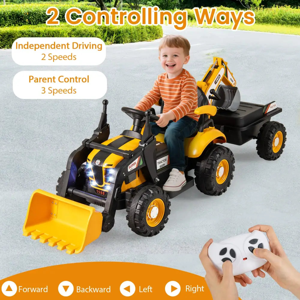 4-in-1 Kids Ride on Tractor 12V Excavator Bulldozer with Remote Control-Yellow - Yellow - Powered Ride On Toys