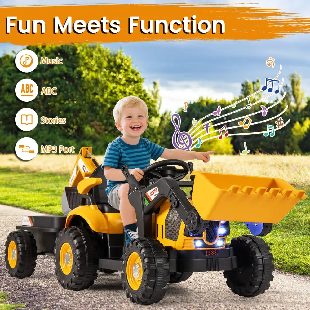 4-in-1 Kids Ride on Tractor 12V Excavator Bulldozer with Remote Control-Yellow - Yellow - Powered Ride On Toys