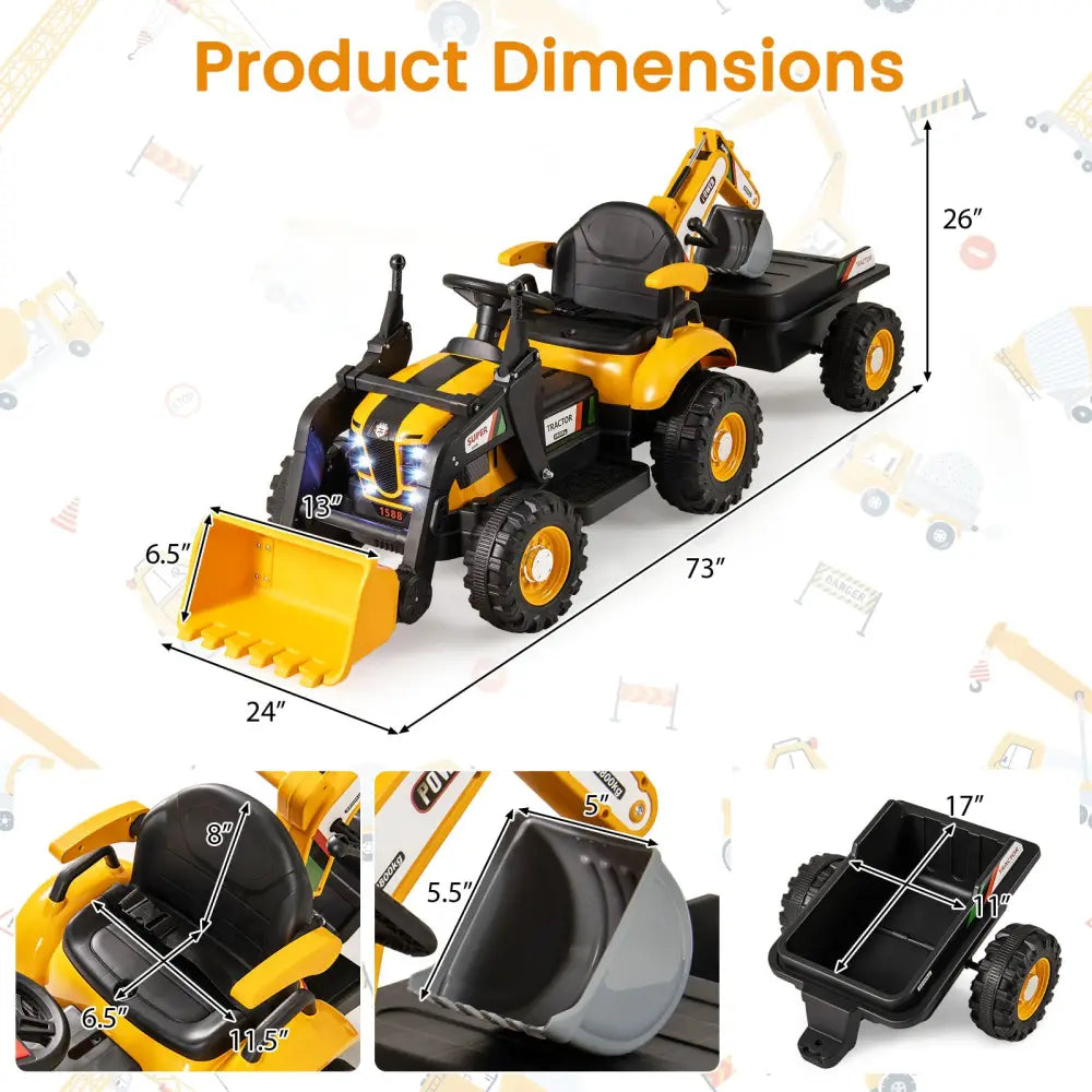4-in-1 Kids Ride on Tractor 12V Excavator Bulldozer with Remote Control-Yellow - Yellow - Powered Ride On Toys