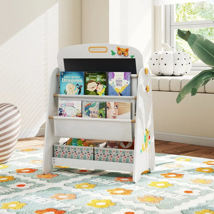 4-in-1 Kids Table and Chair Set Art Easel with Magnetic Whiteboard and Bookshelf-Natural - Natural - Kids Table & Chair