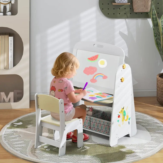 4-in-1 Kids Table and Chair Set Art Easel with Magnetic Whiteboard and Bookshelf-Natural - Natural - Kids Table & Chair