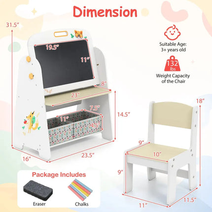 4-in-1 Kids Table and Chair Set Art Easel with Magnetic Whiteboard and Bookshelf-Natural - Natural - Kids Table & Chair