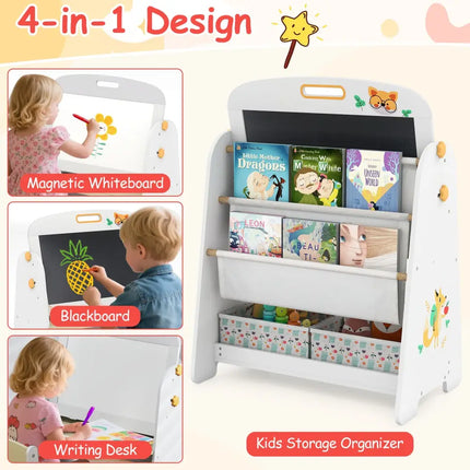 4-in-1 Kids Table and Chair Set Art Easel with Magnetic Whiteboard and Bookshelf-Natural - Natural - Kids Table & Chair