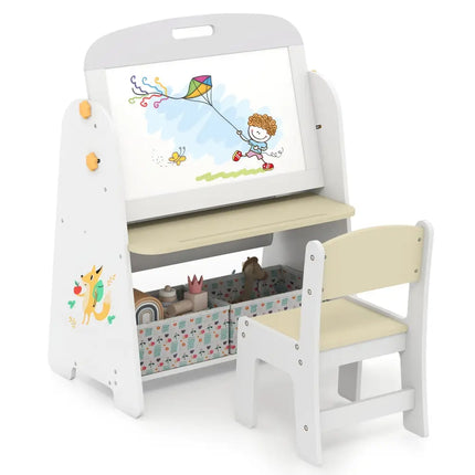 4-in-1 Kids Table and Chair Set Art Easel with Magnetic Whiteboard and Bookshelf-Natural - Natural - Kids Table & Chair