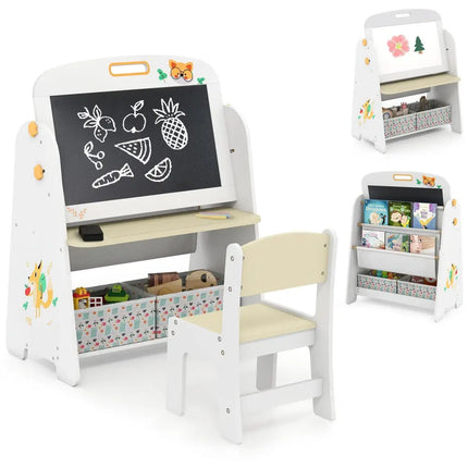4-in-1 Kids Table and Chair Set Art Easel with Magnetic Whiteboard and Bookshelf-Natural - Natural - Kids Table & Chair
