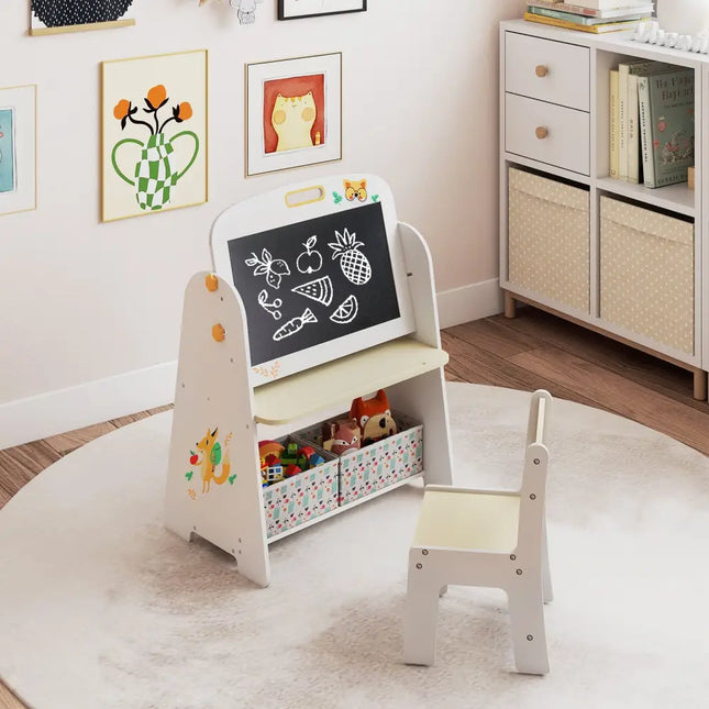 4-in-1 Kids Table and Chair Set Art Easel with Magnetic Whiteboard and Bookshelf-Natural - Natural - Kids Table & Chair