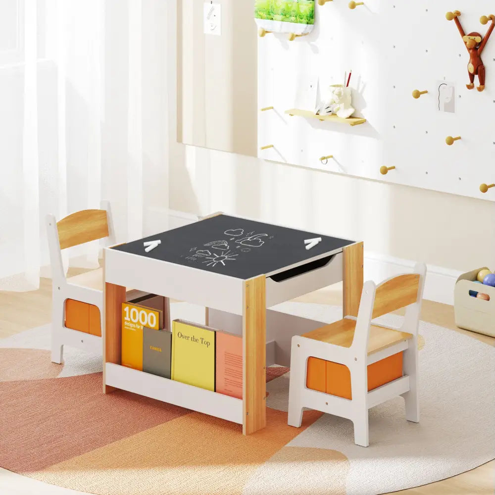 4 in 1 Kids Toddler Activity Table and Chairs Set with Reversible Tabletop-Natural - Natural - Kids Table & Chair Sets