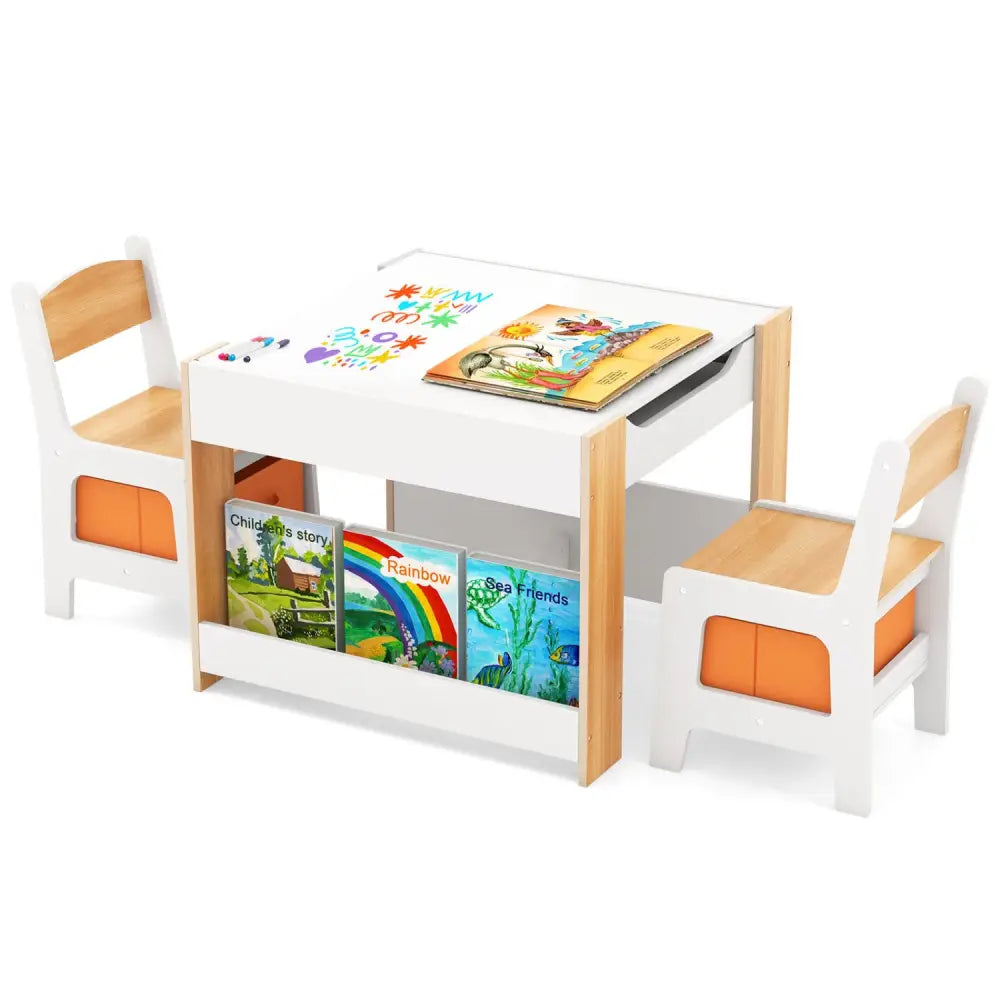 4 in 1 Kids Toddler Activity Table and Chairs Set with Reversible Tabletop-Natural - Natural - Kids Table & Chair Sets