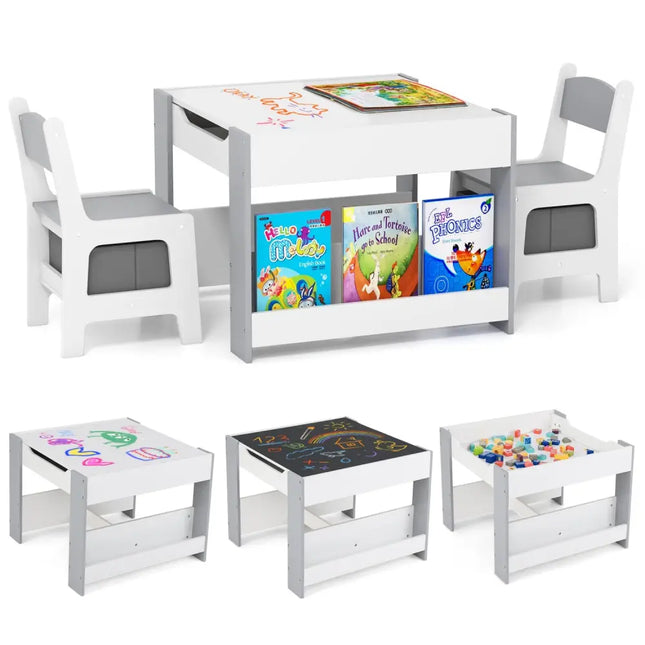 4 in 1 Kids Toddler Activity Table and Chairs Set with Reversible Tabletop-Grey - Gray - Kids Table & Chair Sets