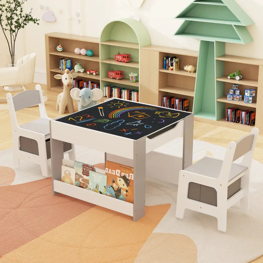 4 in 1 Kids Toddler Activity Table and Chairs Set with Reversible Tabletop-Grey - Gray - Kids Table & Chair Sets