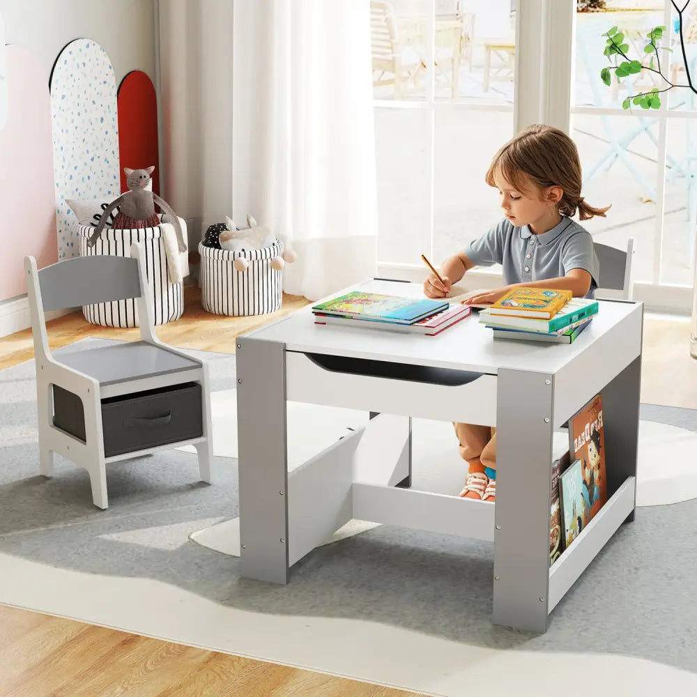 4 in 1 Kids Toddler Activity Table and Chairs Set with Reversible Tabletop-Grey - Gray - Kids Table & Chair Sets
