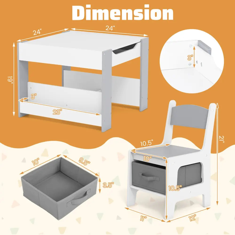 4 in 1 Kids Toddler Activity Table and Chairs Set with Reversible Tabletop-Grey - Gray - Kids Table & Chair Sets