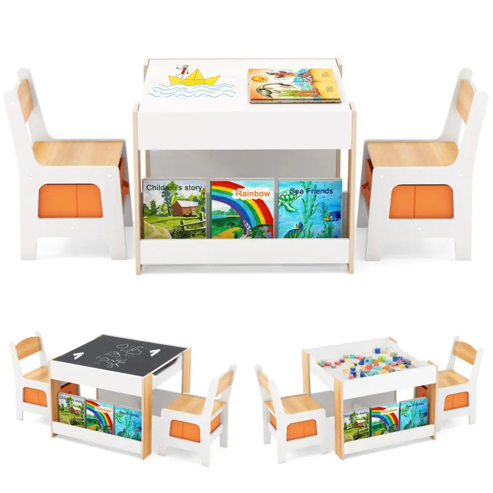 4 in 1 Kids Toddler Activity Table and Chairs Set with Reversible Tabletop-Natural - Natural - Kids Table & Chair Sets
