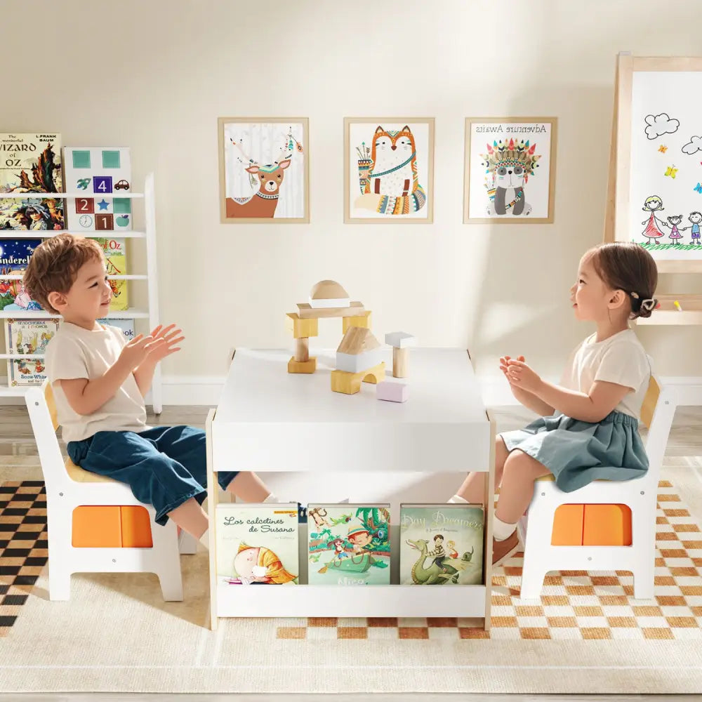 4 in 1 Kids Toddler Activity Table and Chairs Set with Reversible Tabletop-Natural - Natural - Kids Table & Chair Sets