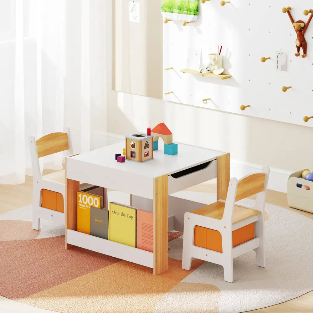4 in 1 Kids Toddler Activity Table and Chairs Set with Reversible Tabletop-Natural - Natural - Kids Table & Chair Sets