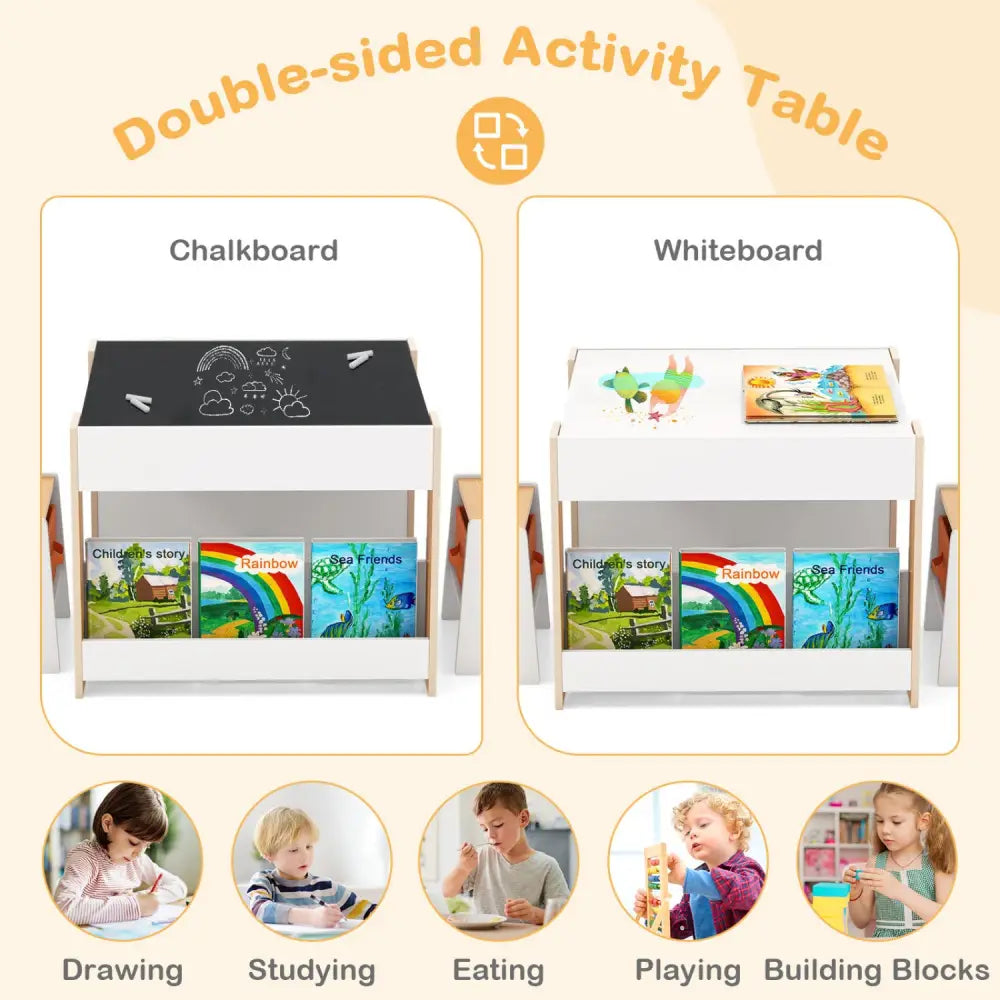 4 in 1 Kids Toddler Activity Table and Chairs Set with Reversible Tabletop-Natural - Natural - Kids Table & Chair Sets