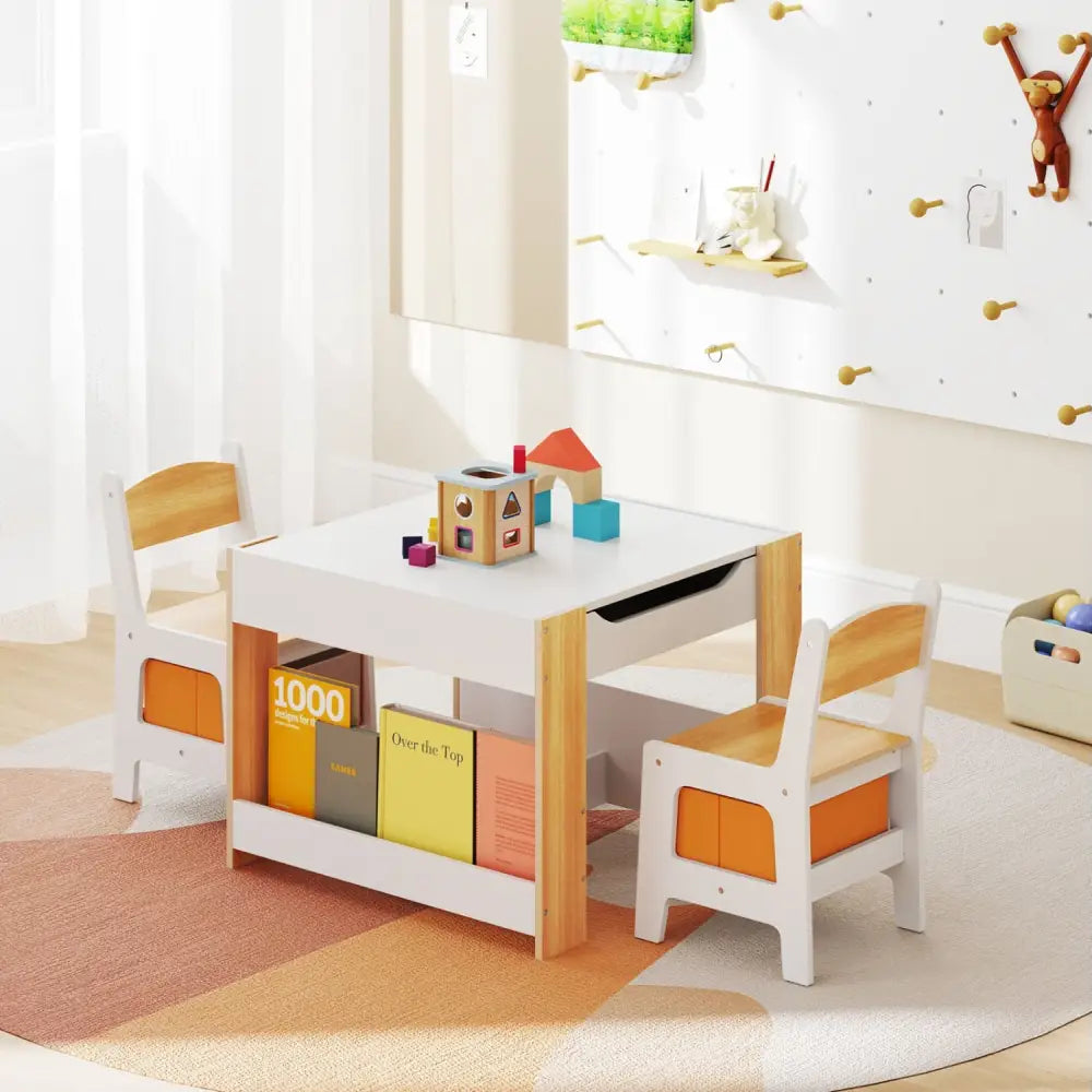 4 in 1 Kids Toddler Activity Table and Chairs Set with Reversible Tabletop-Natural - Natural - Kids Table & Chair Sets
