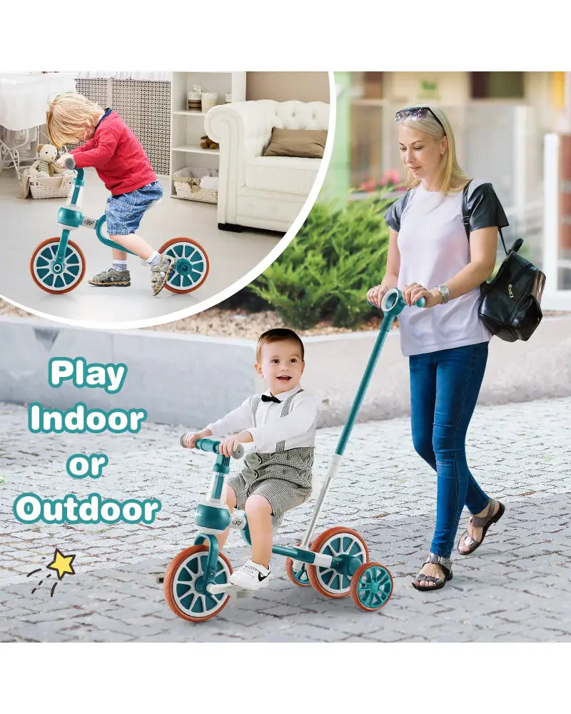 4-in-1 Kids Tricycle with Adjustable Parent Push Handle for 2-4 Years Old-Green - Green - Push & Pedal Ride On Toys