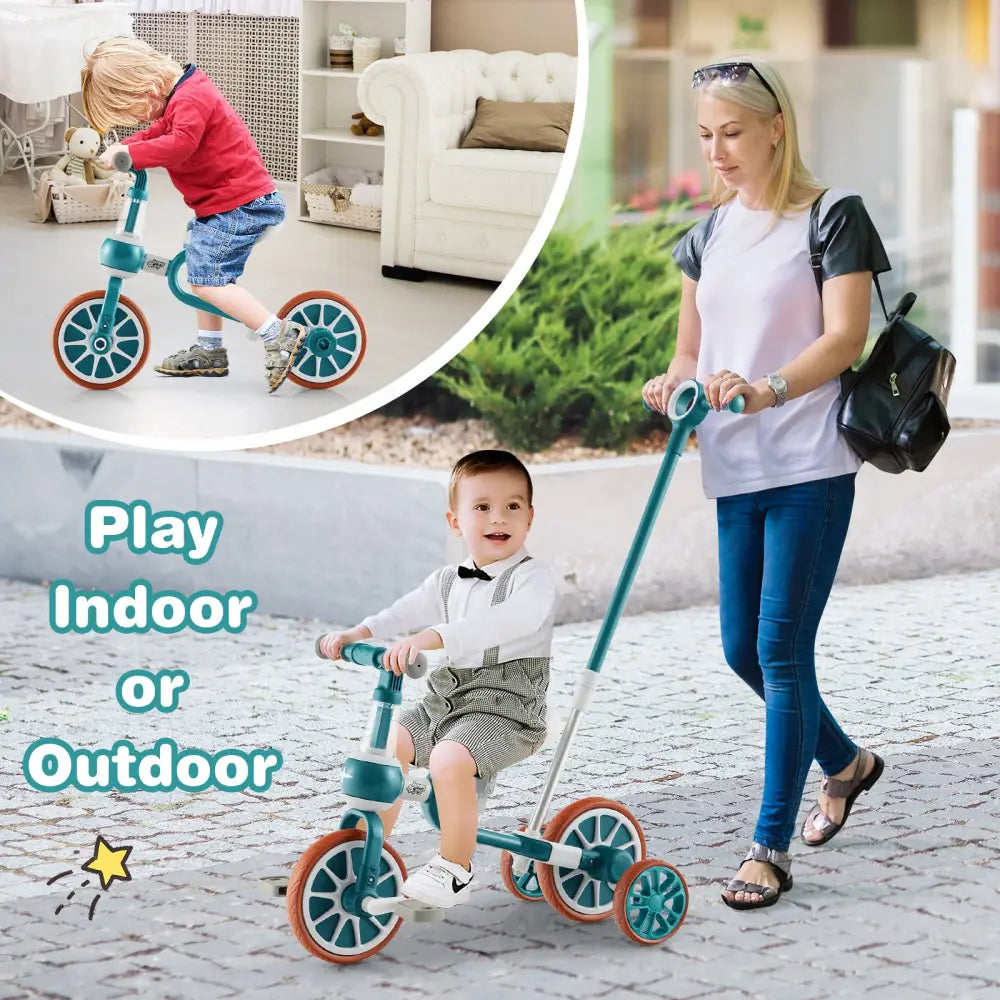 4-in-1 Kids Tricycle with Adjustable Parent Push Handle for 2-4 Years Old-Green - Green - Push & Pedal Ride On Toys