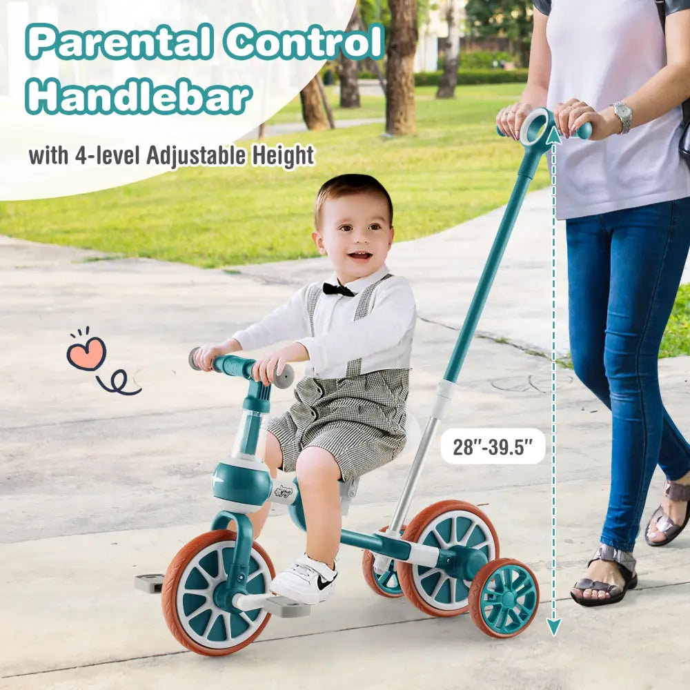 4-in-1 Kids Tricycle with Adjustable Parent Push Handle for 2-4 Years Old-Green - Green - Push & Pedal Ride On Toys