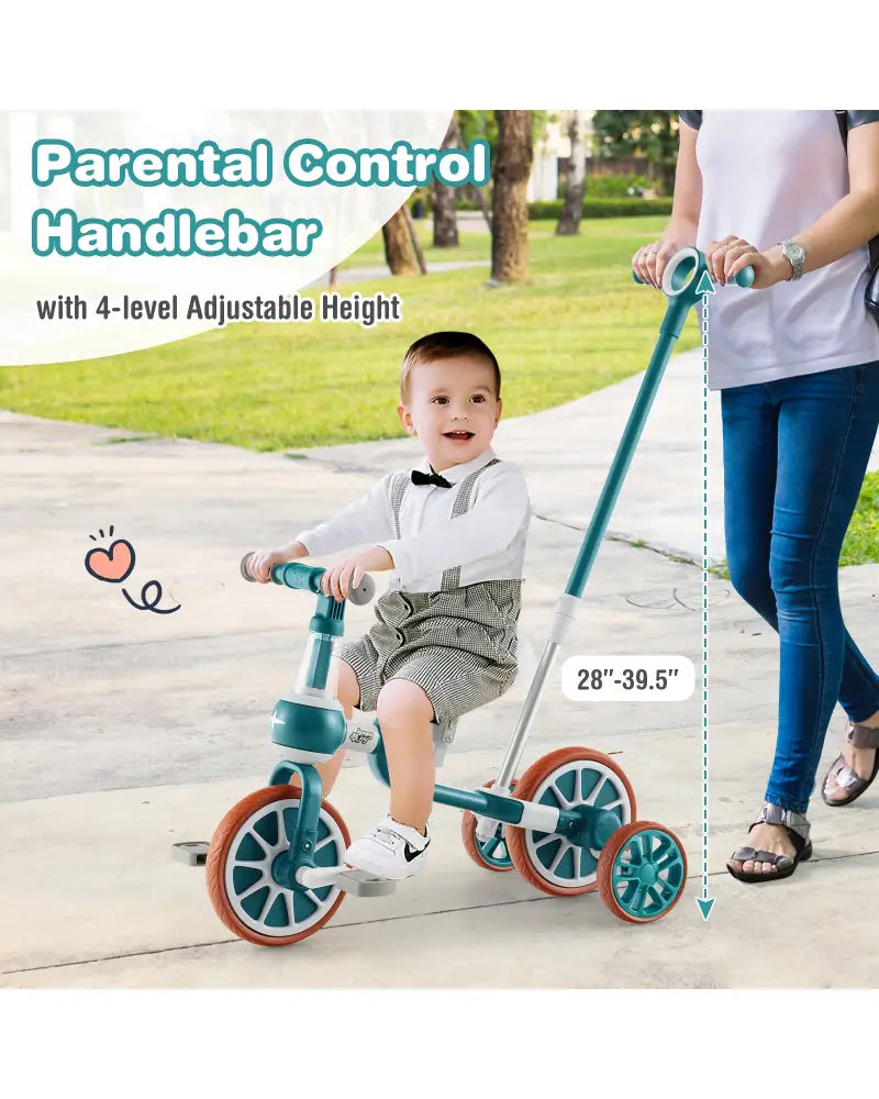 4-in-1 Kids Tricycle with Adjustable Parent Push Handle for 2-4 Years Old-Green - Green - Push & Pedal Ride On Toys