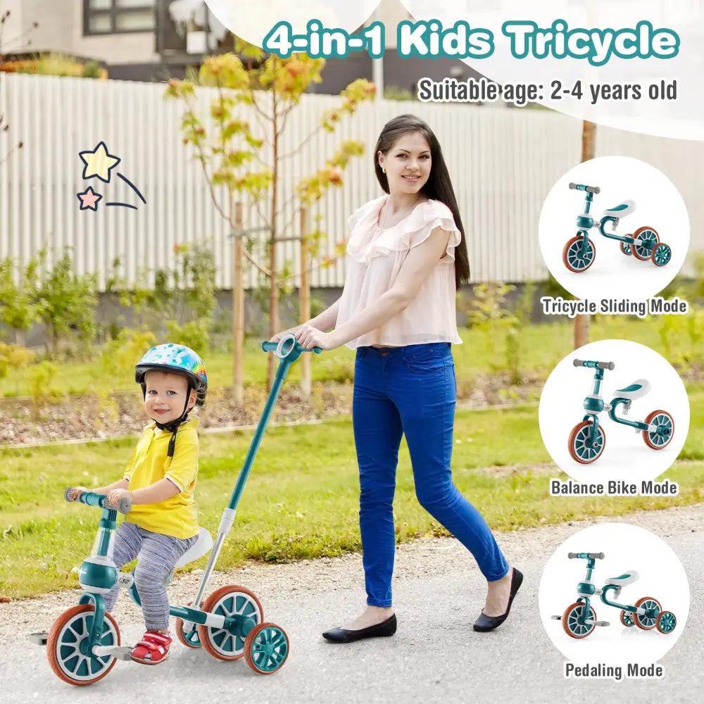 4-in-1 Kids Tricycle with Adjustable Parent Push Handle for 2-4 Years Old-Green - Green - Push & Pedal Ride On Toys