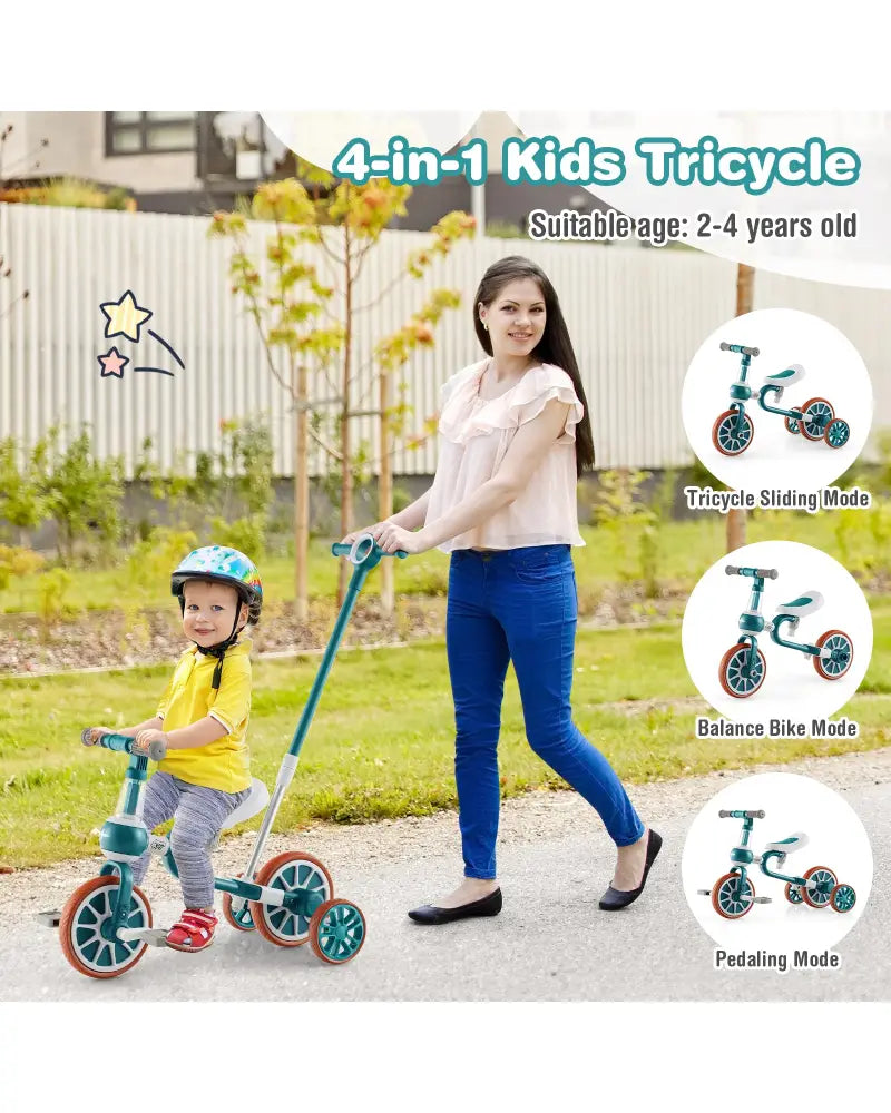 4-in-1 Kids Tricycle with Adjustable Parent Push Handle for 2-4 Years Old-Green - Green - Push & Pedal Ride On Toys