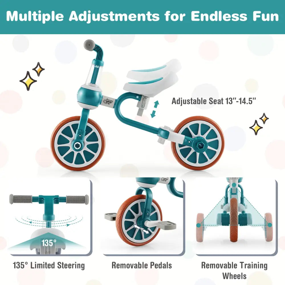 4-in-1 Kids Tricycle with Adjustable Parent Push Handle for 2-4 Years Old-Green - Green - Push & Pedal Ride On Toys