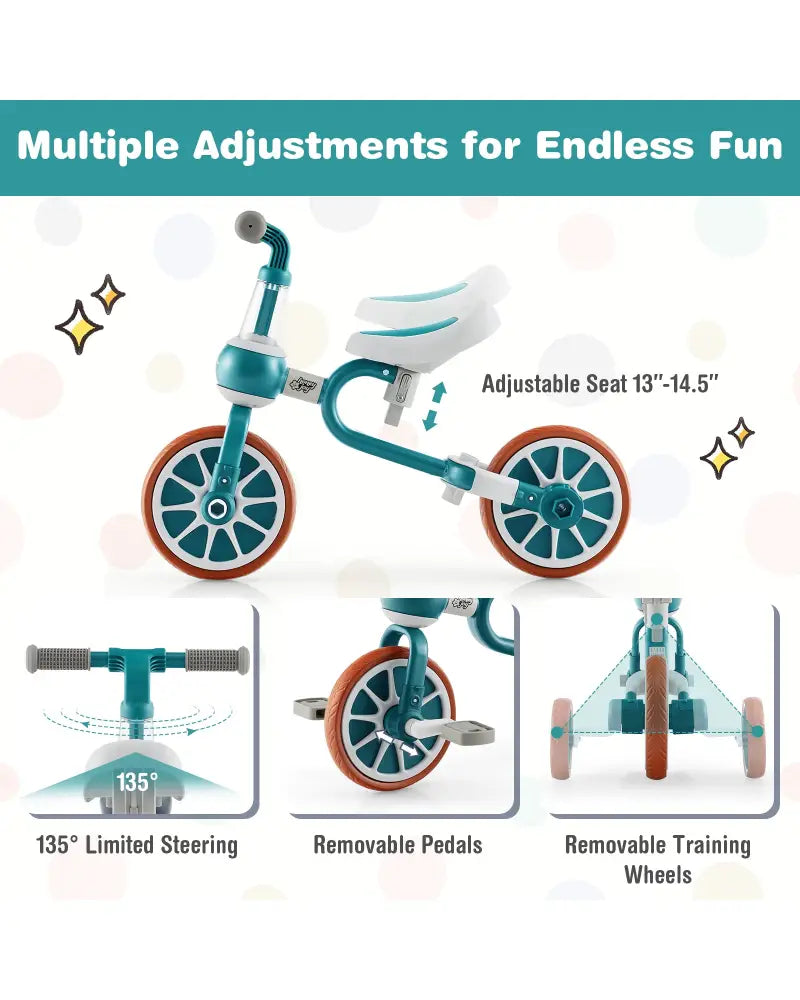 4-in-1 Kids Tricycle with Adjustable Parent Push Handle for 2-4 Years Old-Green - Green - Push & Pedal Ride On Toys