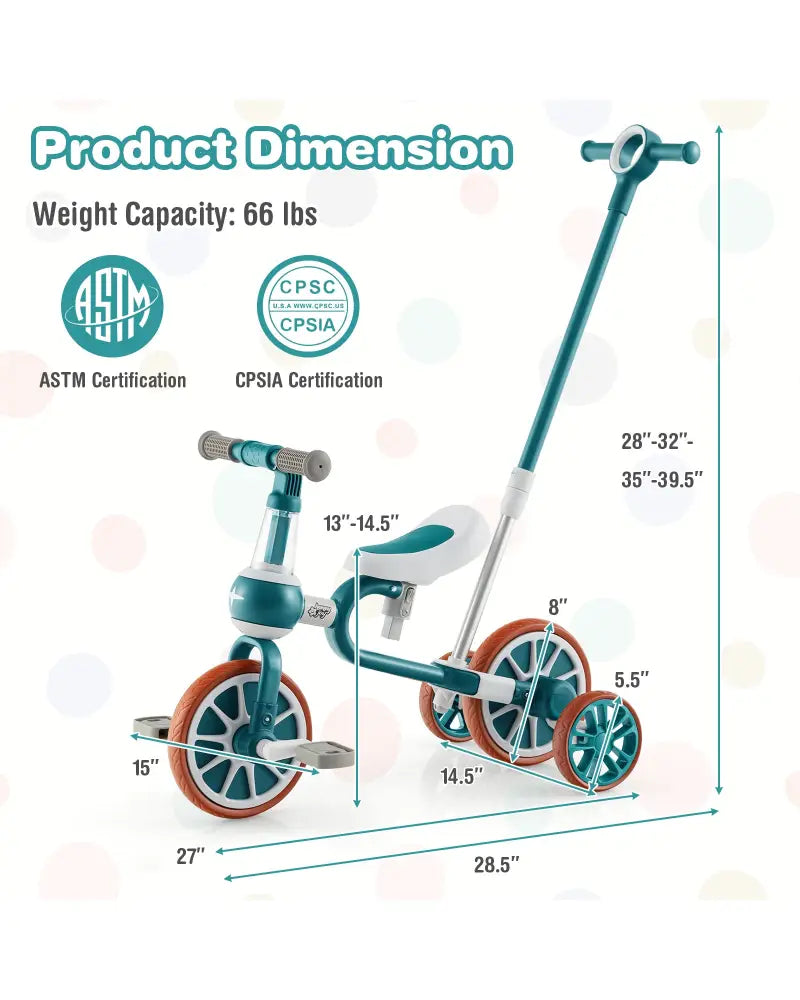 4-in-1 Kids Tricycle with Adjustable Parent Push Handle for 2-4 Years Old-Green - Green - Push & Pedal Ride On Toys