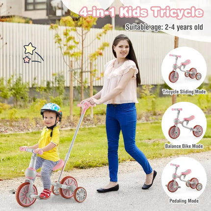 4-in-1 Kids Trike Bike with Adjustable Parent Push Handle and Seat Height-Pink - Pink - Push & Pedal Ride On Toys