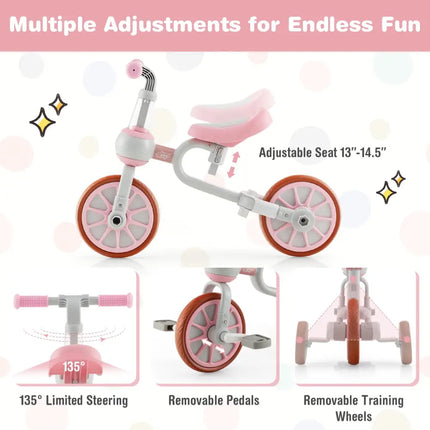 4-in-1 Kids Trike Bike with Adjustable Parent Push Handle and Seat Height-Pink - Pink - Push & Pedal Ride On Toys