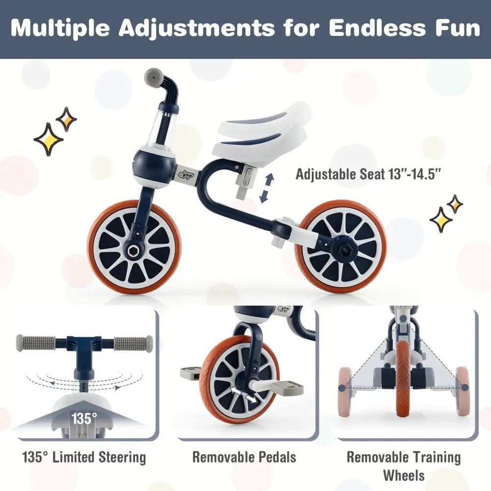 4-in-1 Kids Trike Bike with Adjustable Parent Push Handle and Seat Height-Navy - Navy - Push & Pedal Ride On Toys