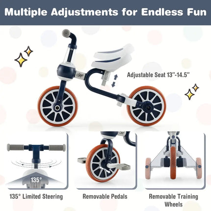 4 - in - 1 Kids Trike Bike with Adjustable Parent Push Handle and Seat Height - Navy - Oasis Home Essentials