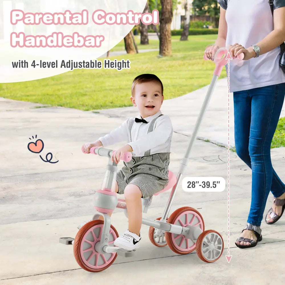 4-in-1 Kids Trike Bike with Adjustable Parent Push Handle and Seat Height-Pink - Pink - Push & Pedal Ride On Toys