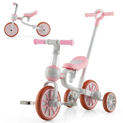 4-in-1 Kids Trike Bike with Adjustable Parent Push Handle and Seat Height-Pink - Pink - Push & Pedal Ride On Toys