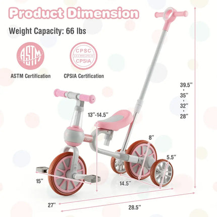 4-in-1 Kids Trike Bike with Adjustable Parent Push Handle and Seat Height-Pink - Pink - Push & Pedal Ride On Toys