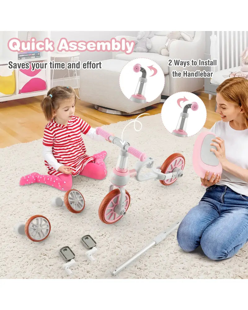 4-in-1 Kids Trike Bike with Adjustable Parent Push Handle and Seat Height-Pink - Pink - Push & Pedal Ride On Toys